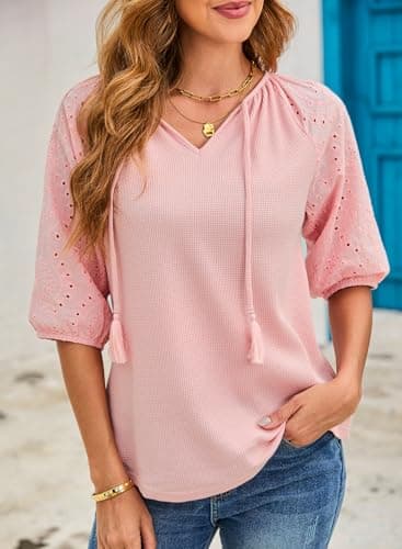 Dokotoo 3/4 Sleeve Shirts for Women Trendy Tie Front V Neck Womens Boho Tops Casual Waffle Knit Blouse Summer Embroidered Hollow Out Sleeve Tunic Tops for Women Loose Fit Dressy Gossamer Pink Medium - Thumbnail 5