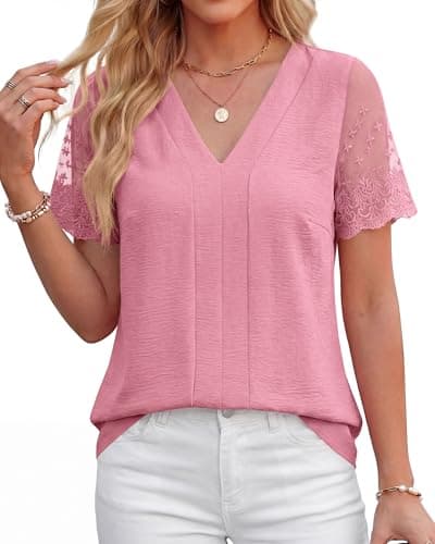 Zenlonr Women Tops Summer 2026 Short Sleeve Shirts Spring Vacation Fashion Dressy Casual Business V Neck Blouses(Pink,Medium) - Thumbnail 5