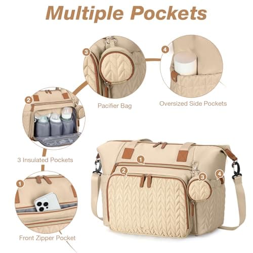 Tonyeee Diaper Bag Tote, Large Baby Diaper Bags Waterproof, Hospital Bag for Labor Delivery with Pacifier Case, Changing Pad, Shoulder Strap, khaki - Thumbnail 6