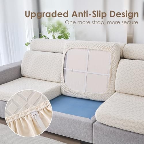 Genina Couch Cushion Covers Waterproof, Stretch Sectional Couch Covers, Sofa Cushion Cover Washable, Non Slip Magic Sofa Cover with Elastic Bottom and 2 Straps, Pet-Friendly (Single Seat Cover) - Thumbnail 4