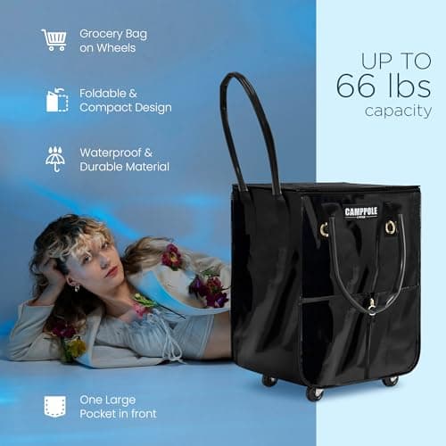 Shopping Cart on Wheels with Card Holder, Folding Reusable Grocery Bag, Lightweight Rolling Tote, Waterproof Black Bag for Travel, Moving, and Camping, Holds up to 66 lbs - Thumbnail 3