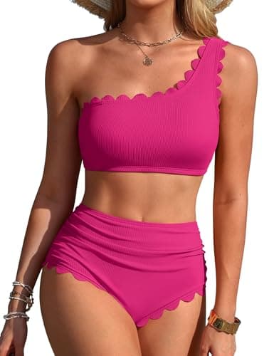 Charmo Women's High Waisted Bikini Sets One Shoulder Two Piece Swimsuit Ribbed Tummy Control Bathing Suits Scalloped Violet Red L - Image 1
