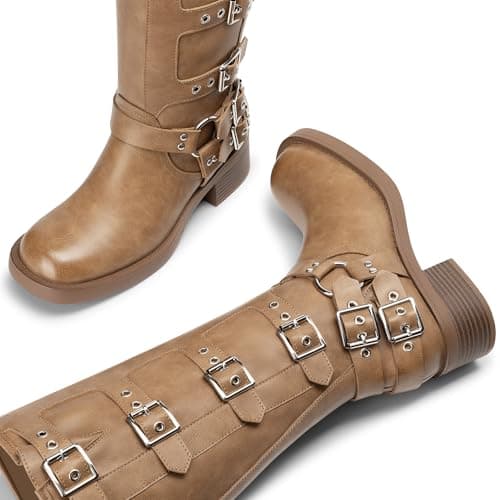 Athlefit Knee High Boots for Women Riding Fashion Buckle Square Toe Chunky Heel Wide Calf Biker Boots Camel Size 6 - Thumbnail 6