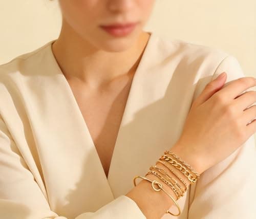 Alegend Bracelets Sets 14K Gold Plated Chic Stackable Twisted Rope Chains Link Paperclip Unique Six-Layered Design - Thumbnail 3