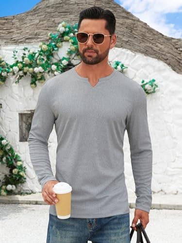 Hardaddy Men's V Neck Long Sleeve Ribbed Casual T-Shirt Solid Tee Shirts Light Gray XL - Thumbnail 3