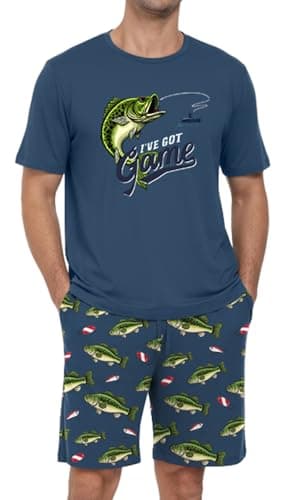 PrinStory Men's I've Got Game Pajama Set, Bass Fish Graphic Tee and Printed Shorts, Novelty Sleepwear Loungewear Set for Home, Fishing Gift, Blue L - Thumbnail 2