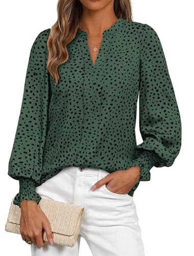 MASCOMODA Womens Boho Floral Long Sleeve Tops Spring Fashion 2026 V Neck Loose Chiffon Work Blouses Dressy Casual Shirts(Dark Green,Medium) - Image 1