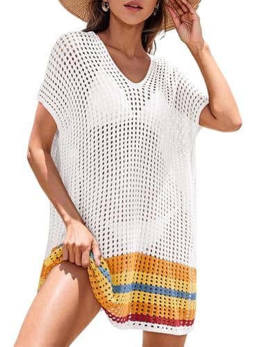 Dokotoo Women's Swimwear Beach Bikini Swimsuit Cover-ups Cruise Outfits Crochet 2025 Striped Side Split Dress,White XX-Large - Image 1