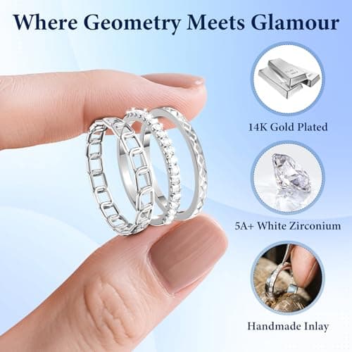 YWXTW 3 Pack 14K Gold-Plated Non Tarnish Stacking Rings for Oura Gen 4/Ultrahuman/Samsung/Diamond, Timeless Elegance White Zirconia Engagement/Promise Oura Stack Band Gift for Women Silver 8 - Thumbnail 3