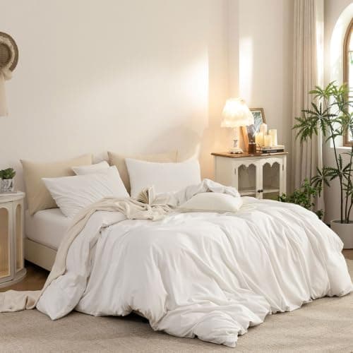 ELIMMO California King Duvet Cover - 3 Piece 100% Washed Cotton Linen Feel Bedding Set, All Season Durable Breathable Comfy Minimalist, Off White 104" X 98" - Thumbnail 5
