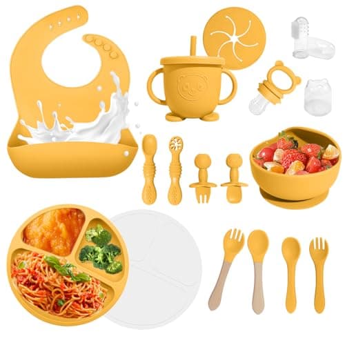 Baby Led Weaning Supplies, 17 Piece BPA-Free Silicone Feeding Set, Eating Essentials Baby Utensils with Suction Plate and Bowl, Pocket Bib, Sippy Cup with Lid, for 6+ Months, Yellow - Image 1