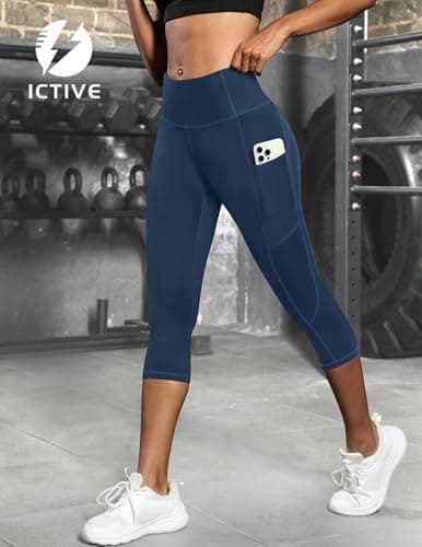 Fihapyli ICTIVE Women's Capris Yoga Pants with Pockets Running Pilates Fitness Running High Waisted Leggings DarkBlue L - Thumbnail 3