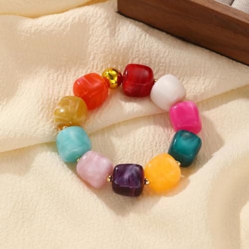 chorfla Boho Beaded Bracelet for Women,Colorful Rainbow Chunky Resin Elastic Bracelet, Handmade Style Summer Jewelry Gift - Thumbnail 6