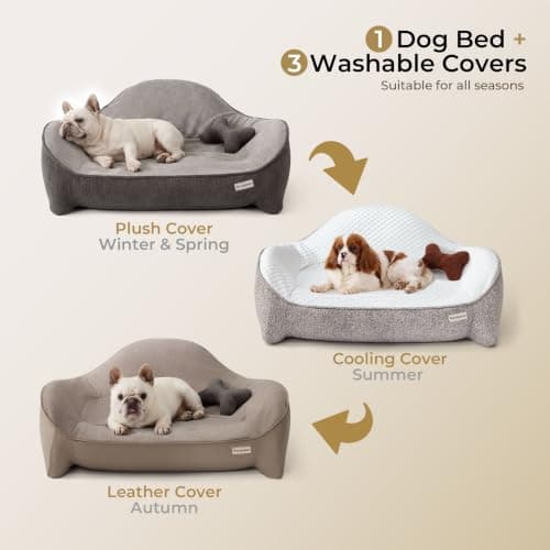 Aurapaws Orthopedic Dog Bed for Medium Small Dogs up to 120lbs, Extra Thick One-Piece Memory Foam Dog Bed, Never Sag Pet Sofa Couch with 3 Removable Washable Covers (Plush, Cooling, Leather) & Toy - Thumbnail 2