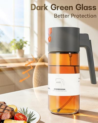 OURCABECUE Upgrade 2 in 1 Oil Sprayer for Cooking, 17oz Light-Blocking Glass Olive Oil Dispenser Bottle for Kitchen,Food-Grade Oil Mister with 8 Stickers for Salad, Frying (Grey) - Thumbnail 5