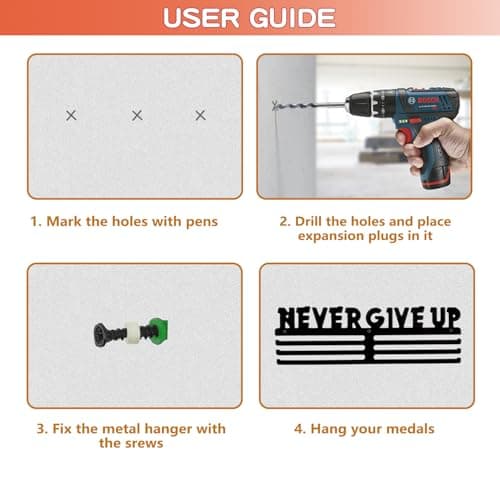Bliocefo Medals Hanger Holder Display Steel Rack Hooks Wall Mount Frame Over 60 Medals-Sports Medal Hook Storage Organizer Never Give Up Ribbon with Easy Hanging Bars Black (NEVER GIVE UP.) - Thumbnail 5