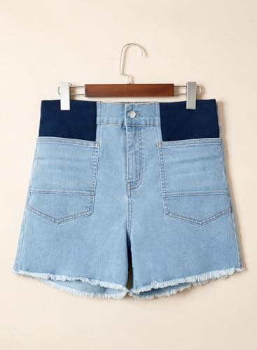 BLENCOT Maternity Jean Shorts Under Belly Pregnancy Trendy Casual Plus Size Frayed Hem Stretchy Shorts Denim Beau Blue L - Thumbnail 4