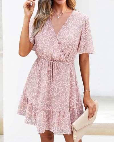 KIRUNDO Womens Summer Dresses 2026 Casual Spring Short Sleeve V Neck Ruffle Floral Print High Waist Belted Flowy Mini Dress(X-Large, Pink) - Thumbnail 4