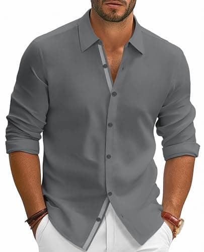 PJ PAUL JONES Untucked Shirts for Men Long Sleeve Casual Dress Shirt Wrinkle Free Button Down Shirt Light Gray M - Image 1