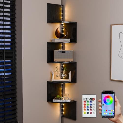 HAAYOT Corner Shelf Wall Mounted: 5-Tier Floating Shelves with Lights for Living Room, Bedroom, Home Office, Black - Image 1