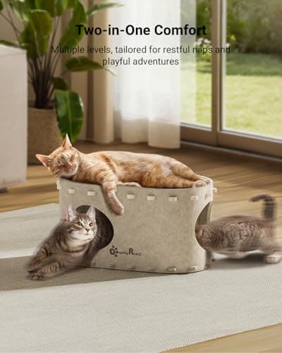DownyPaws Cat House for Indoor Cats, Cat Bed Cave for Multiple & Large Cats Up to 22 Lbs, Scratch Resistant, Foldable Peekaboo Kitten Caves Tunnel Enclosed Bed, PeekaPurr, Cream - Thumbnail 2