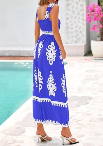 PRETTYGARDEN Womens Summer Boho Maxi Dress 2026 Casual Sleeveless Square Neck Floral Aline Smocked Beach Dresses with Pockets (Floral Royal Blue White,X-Large) - Thumbnail 2