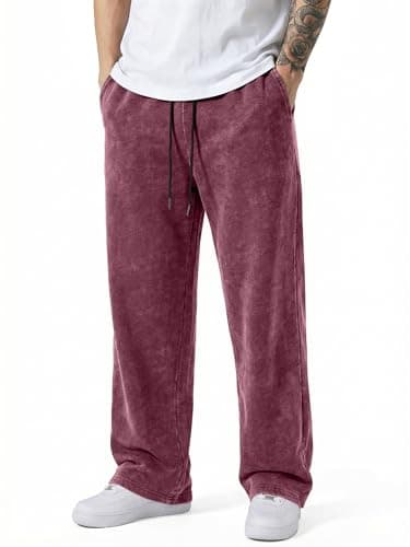 JMIERR Men's Wide Leg Pants Casual Trousers Acid Washed Baggy Cotton Hip Hop Drawstring Streetwear Sweatpants with Pockets, L, Burgundy - Image 1