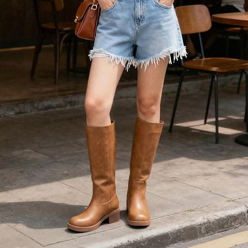 Athlefit Knee High Boots for Women Square Toe Chunky Heel Tall Riding Fall Boots Slip On Fashion Brown Booties - Thumbnail 2