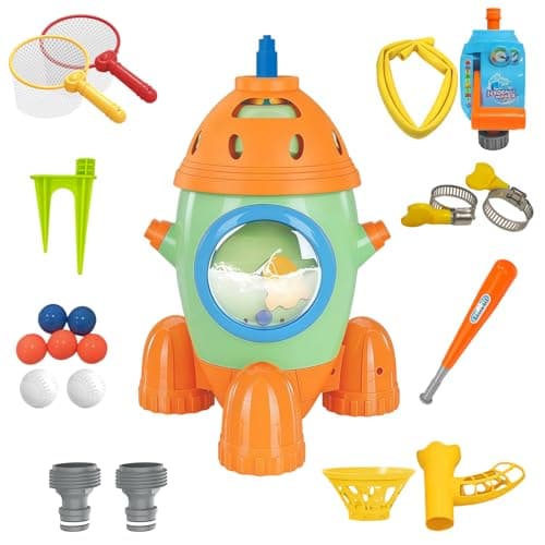 Kids Water Sprinkler Toys, Rocket-Shaped Outdoor Water Baseball Set with Bat & Multi-Ball Slide Feeder, Adjustable Water Flow & Height, Rotating Sprinkler for Backyard, Pool, Lawn Summer Fun Ages 4-8