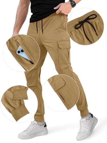 Crastimo Hiking Joggers Men Slim Fit Pants Elastic Waist Drawstring Stretch Sweatpants Cuffs Lightweight Casual Athletic Joggers Outdoor Running Khaki 3XL - Thumbnail 5