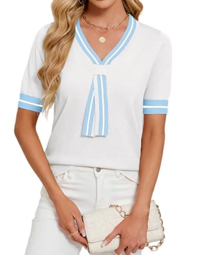 Libsorge Womens Lightweight Cute Bow Tie Sweater Spring Summer 2026 Trendy Dressy Business Casual Outfits Sexy V Neck Thin Short Sleeve Color Block Striped T Shirt Tops White+Blue M - Image 1