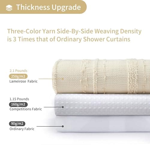 Lameirose Beige Shower Curtain Boho, 72 x 72 Cotton Blend Waffle Weave Stripe Textured Heavy Duty, Fabric Shower Curtain for Bathroom, Hotel, Washable - Thumbnail 2
