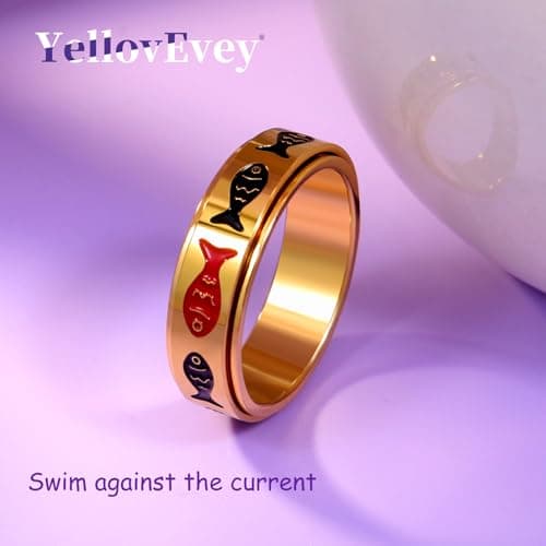 Fidget Spinner Ring for Adults - Swim Against the Current Fish Anxiety Rings for Women, Motivational Fidgets Jewelry for Stress Relief, Stainless Steel Spinning Rings with Inspirational Design (Gold, 8) - Thumbnail 5