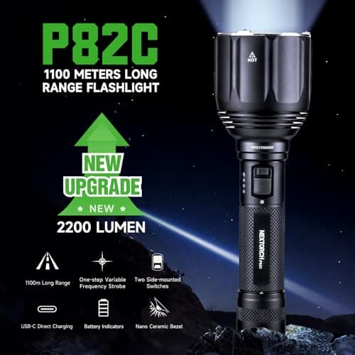NEXTORCH P82C Long Range LED Flashlight, 2200 Lumens Handheld Torch Ultra Bright, 1100 Meters Beam Distance Searchlight with Nano-Ceramic Bezel, USB-C Rechargeable for Security Patrol, Outdoor, Rescue - Thumbnail 2