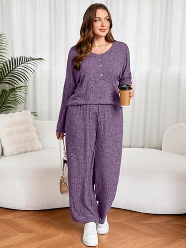 AusLook Plus Size 2 Piece Sets for Women Loose Wide Leg Pant Long Sleeve Top Matching Sets Purple 3X Tracksuit Loungewear 2027 Vacation Travel Airport Outfits Going Out Comfy Track Suits - Thumbnail 3