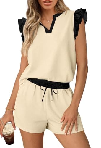 MEROKEETY Women's Summer Two Piece Short Sets Ruffle Sleeve V Neck Cute Tops Matching Lounge Outfits, Apricot, Large - Image 1