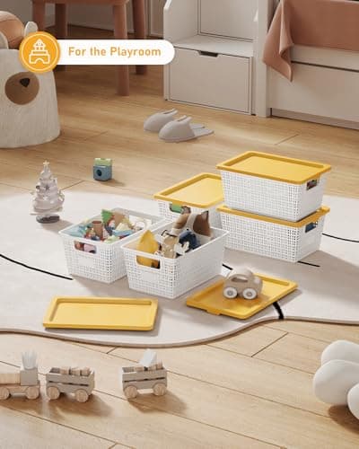 EOENVIVS Storage Bins Bakets with Lids 6 Pack, Stackable Organizer Bins for Small Spaces, Pantry, Closet & Bathroom, Secure Snap Lids, 11x7x5 Plastic Storage Containers for Shelf Organization, White - Thumbnail 4