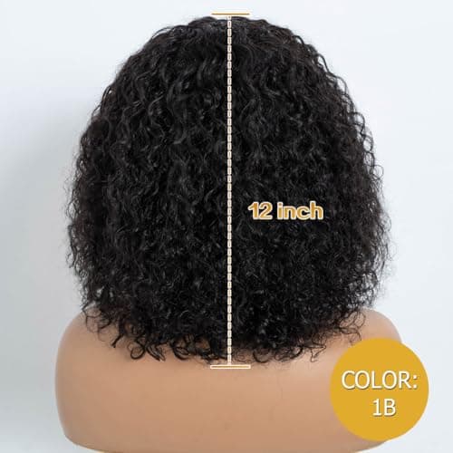 JOEDIR HAIR Fluffy Wig Human Hair Wigs for Black Women Wear and Go Afro Curly Bob Wig with Bangs 12 Inches Water Wave Glueless Wigs 250% Density (1B / Black) - Thumbnail 4