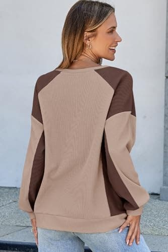 Dokotoo Women's Fashion Sweatshirts Oversized Sweatshirt for Women Waffle Knit Color Block Crewneck Long Sleeve Casual Cute Pullover Tops Comfy Fall Fashion Outfits Clothes 2024 Brown Small - Thumbnail 5