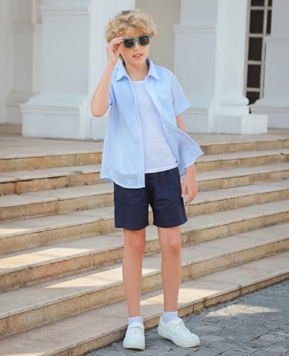 Cozople Boys Button Down Short Sleeve Shirt Breathable Seersucker Lightweigh Shirts Hawaiian Tops with Single Chest Pockets Design - Thumbnail 6