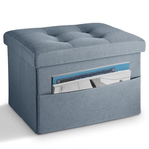 LINMAGCO Storage Ottoman Folding Foot Stool Ottoman with Side Pocket Modern Short Sofa Stool Linen Cloth 17x13x13(FogBlue) - Image 1
