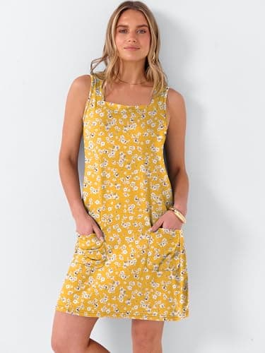 ANRABESS Womens Summer Tank Dress Square Neck Sleeveless Mini Sundress with Pocket 2026 Casual Floral Beach Vacation Outfits Floral Yellow Red X-Large - Thumbnail 4