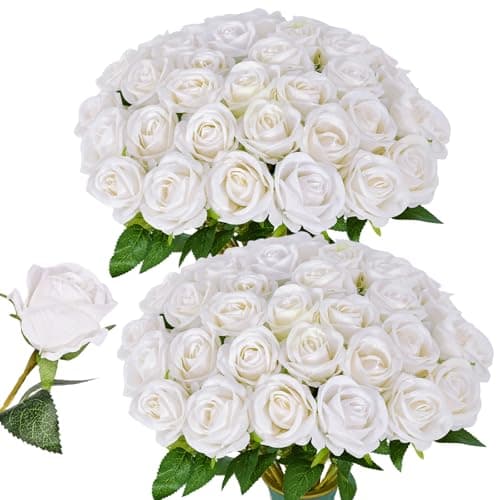 LetuoClips 50 PCS White Roses Artificial Flowers, Fake White Roses Bouquet,White Artificial Silk Roses with Stems for DIY Wedding Flowers Decoration, Valentines Day Mothers Day, Bridal Bouquet Roses