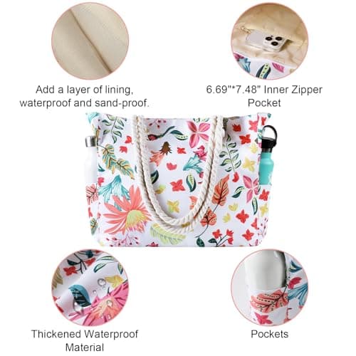 fauson Beach Bags For Women - Large Beach Bag with Zipper Waterproof Sandproof, Swiming Pool Bag Large Tote, colorful - Thumbnail 5