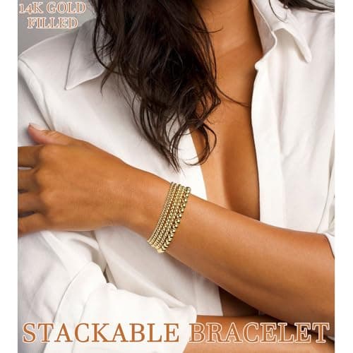 Gold Beaded Bracelets for Women, 5 Pcs Dainty 14K Gold Plated Chunky Stretch Bead Ball Bracelet Stack - Thumbnail 4