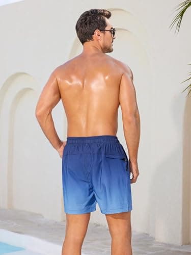 SILKWORLD Men's Swim Trunks Quick Dry Bathing Suits 6 Inch Swimming Shorts with Compression Liner and Zipper Pockets, Gradient-Blue Stripe, X-Large - Thumbnail 4
