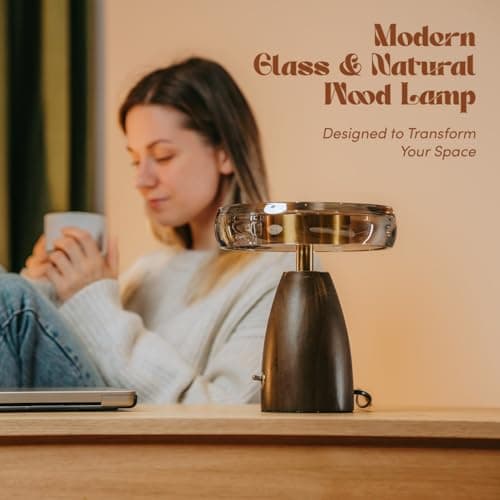 SEHNLICH Aesthetic Table Lamp for Living Room, Bedroom, Bedside, Nightstand Lamp with Wood Base, Stained Glass Shade, 3 Color Temperature, Vintage Retro Mushroom Mid Century Modern Lamp, Desk Decor - Thumbnail 2