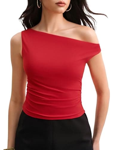 C202 Women's Off The Shoulder Tops for Women Sleeveless Going Out Tank Tops Asymmetrical Trendy Y2K Clothing, Ruby, Medium - Image 1