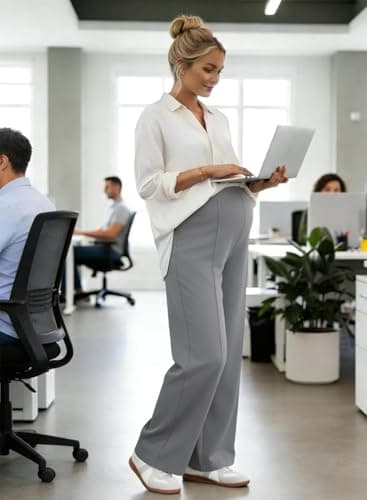 BLENCOT Women's Maternity Pants Spring Adjustable High Waisted Wide Leg Pregnancy Trousers Office Clothes Stretch Maternity Dress Pants with Pockets Grey S - Thumbnail 3