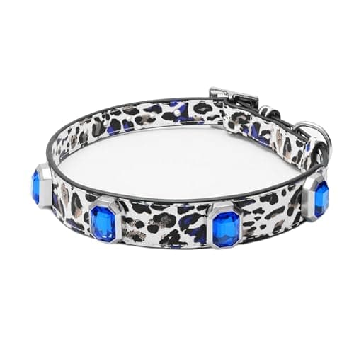 Luxury K9 Crystal Dog Collar -Waterproof Wear-Resistant Microfiber Leather with Hand-Set Rhinestone Gems, Durable Metal Buckle, Adjustable Bling Collar for Small Medium Large Dogs (Blue Leopard, L)